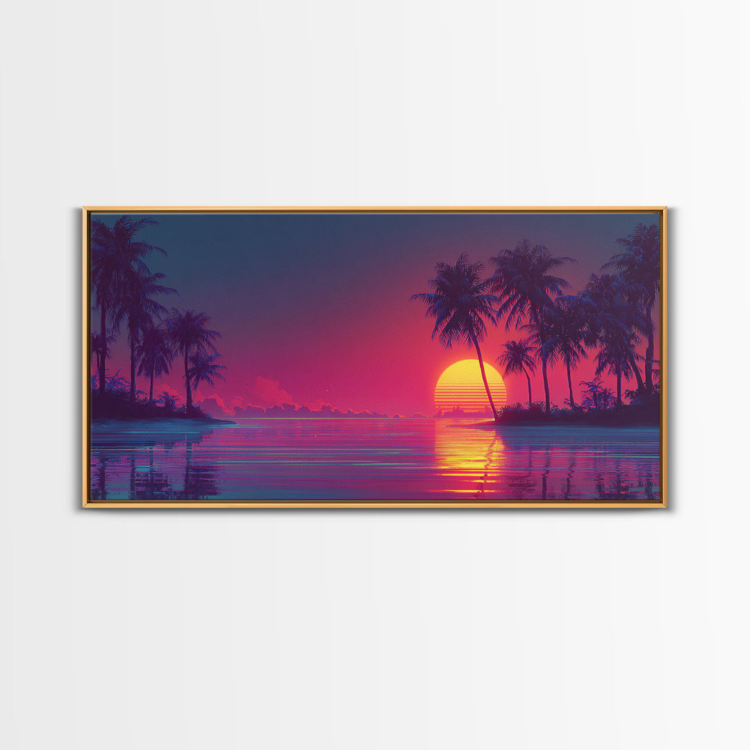 Vibrant Retro Sunset Beach Scene With Palm Trees And Ocean Reflection Wall Art
