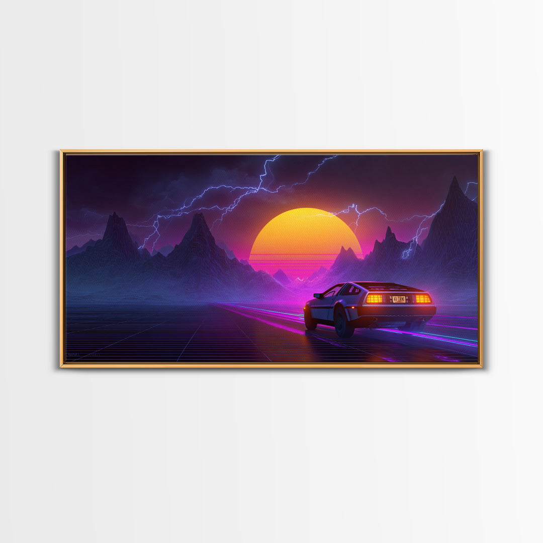 Retro Futuristic Neon Landscape With DeLorean Car Canvas Print Synthwave Wall Art Abstract Wall Decor Modern Home Decor