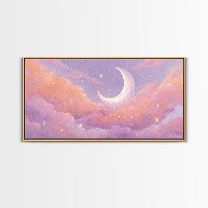 Pastel Crescent Moon In Pink Clouds Wall Art, Celestial Nursery Decor, Dreamy Bedroom Print, Whimsical Starry Sky, Aesthetic Room Decor