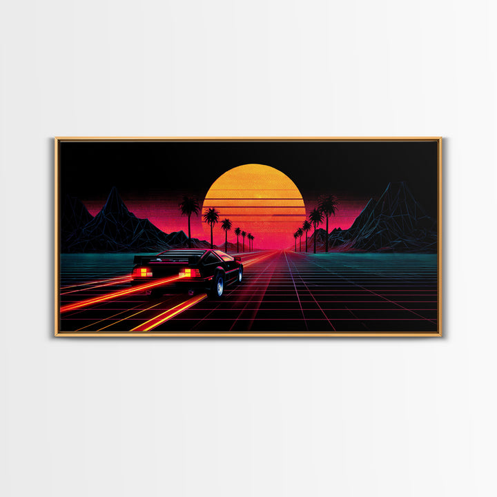Retro Futuristic Sunset With Sportscar And Palm Trees Neon Vibes Canvas Print For Gaming Room Or Office Decor