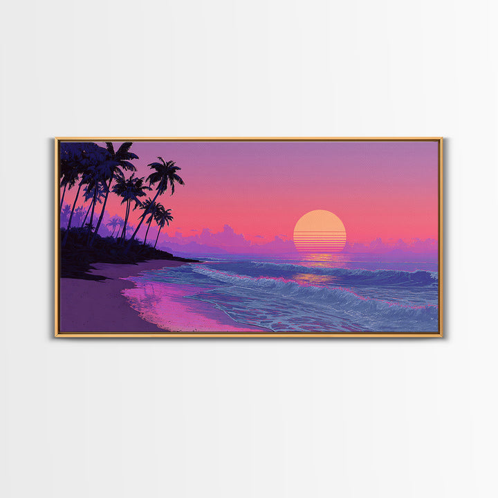 Bright Sunset Seaside Beach Landscape Digital Painting Large Wall Art For Living Room Decor Canvas Print