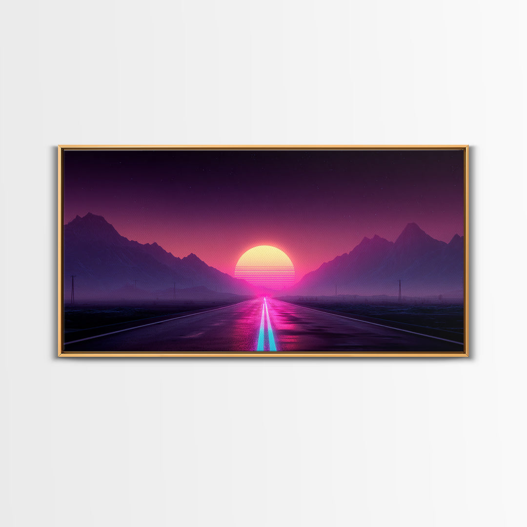 Surreal Sunset Road Landscape Featuring Mountains And Vibrant Sky Framed Canvas Print Modern Wall Art For Living Room