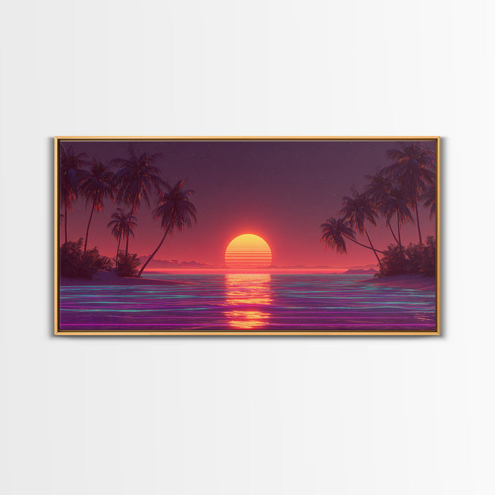 Vibrant Neon Red Sunset Over Ocean With Palm Trees Canvas Print Colorful Coastal Wall Art Tropical Beach Decor