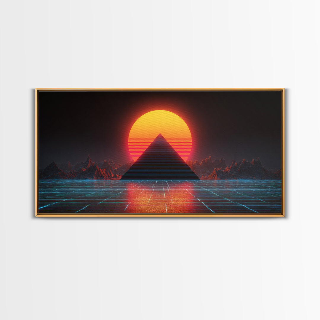 Retro Futuristic Neon Pyramid Sunset Sci Fi Digital Artwork Wall Art For Modern Home Office Decor Framed Canvas Print