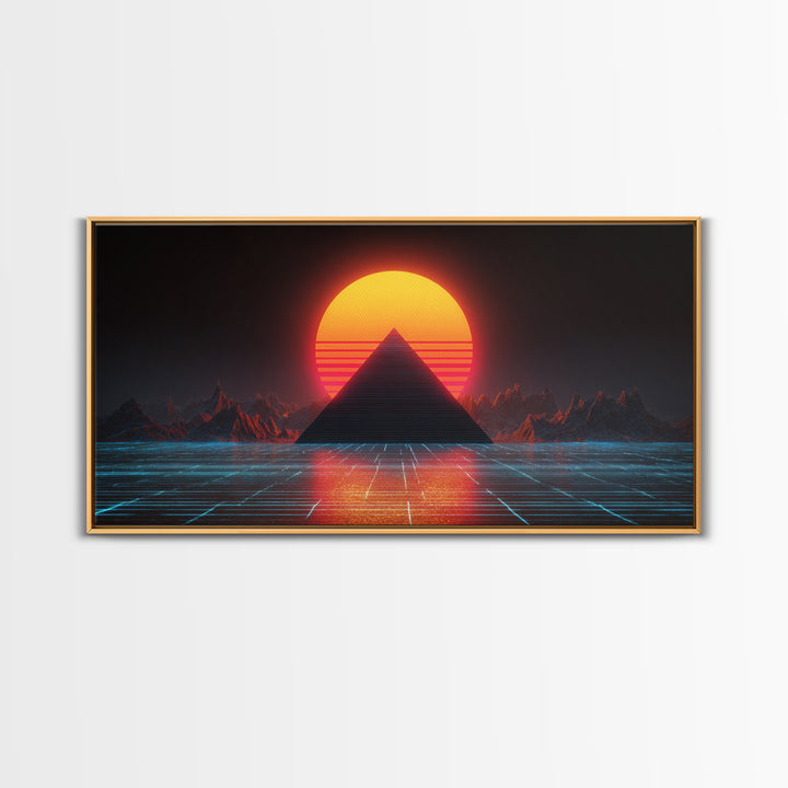 Retro Futuristic Neon Pyramid Sunset Sci Fi Digital Artwork Wall Art For Modern Home Office Decor Framed Canvas Print