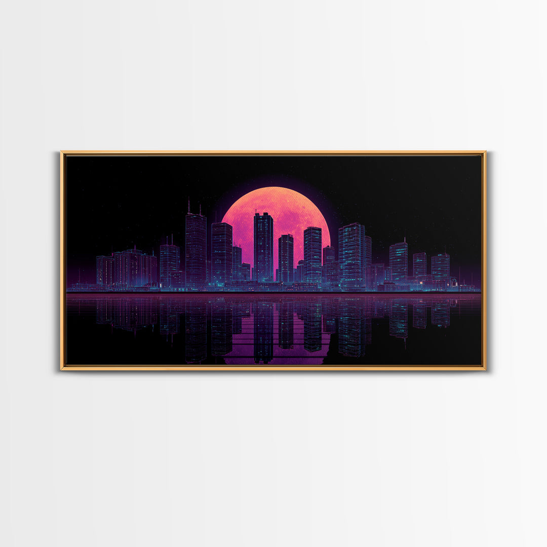 Futuristic Neon Cityscape Night Skyline With Pink Full Moon Canvas Print Urban Wall Art Print Decor