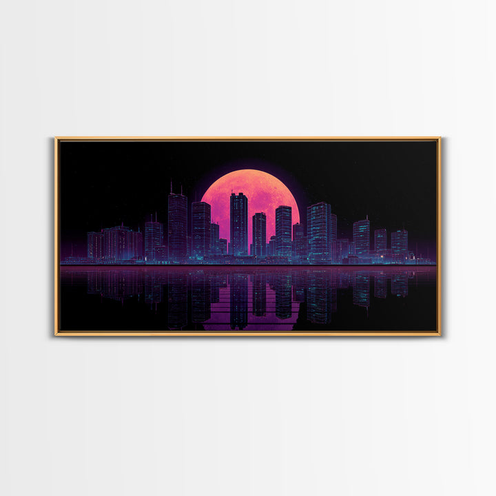 Futuristic Neon Cityscape Night Skyline With Pink Full Moon Canvas Print Urban Wall Art Print Decor