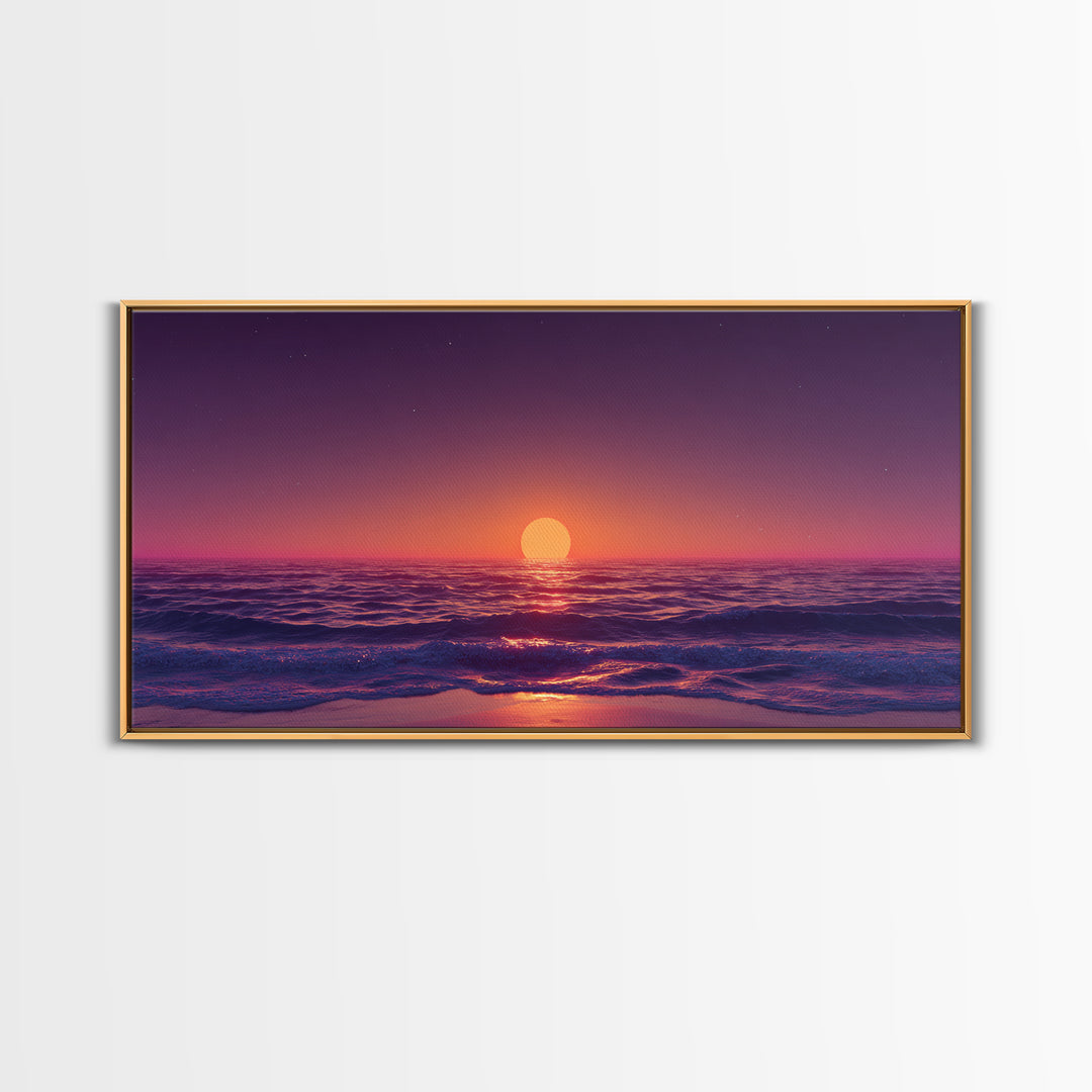 Vibrant Sunset Over Calm Ocean Waves With Pink And Purple Sky Beautiful Coastal Wall Art Framed Canvas Print For Bedroom Decor