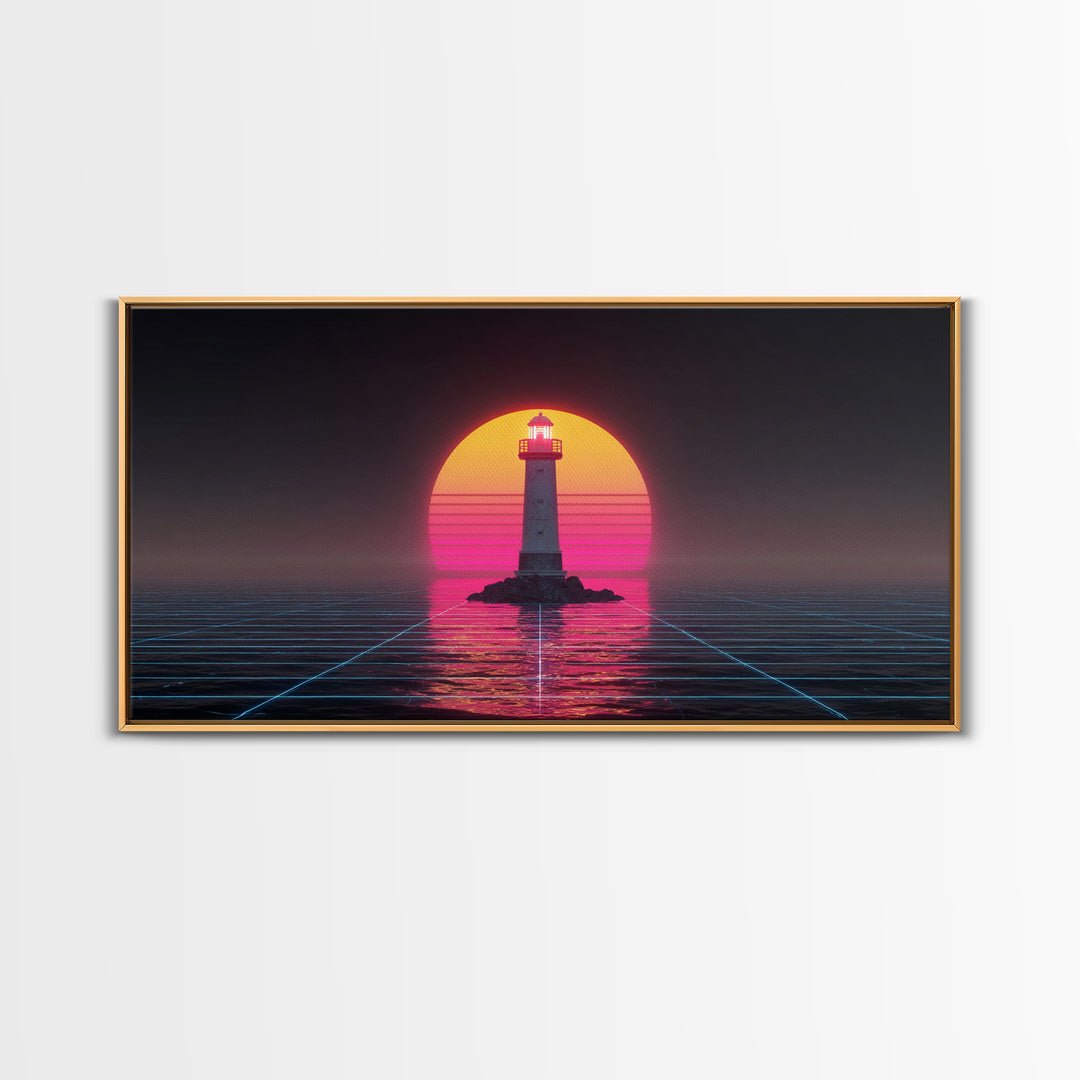 Retro Futuristic Neon Lighthouse Digital Painting Canvas Print Trendy Wall Art Modern Home Decor For Living Room And Office