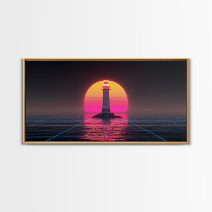 Retro Futuristic Neon Lighthouse Digital Painting Canvas Print Trendy Wall Art Modern Home Decor For Living Room And Office