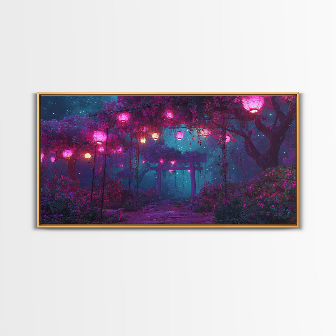 Tranquil Japanese Garden Pathway With Lanterns And Torii Gate At Night Atmospheric Wall Art Canvas Print