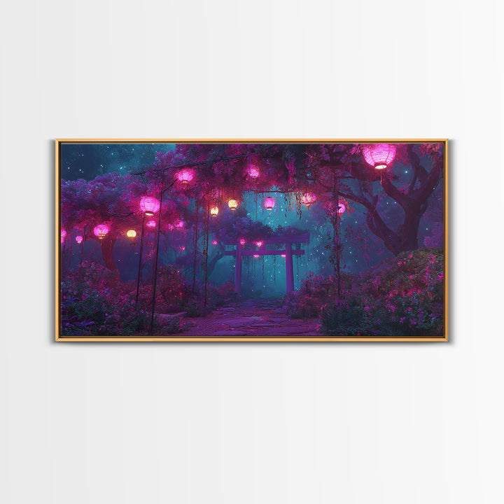 Tranquil Japanese Garden Pathway With Lanterns And Torii Gate At Night Atmospheric Wall Art Canvas Print