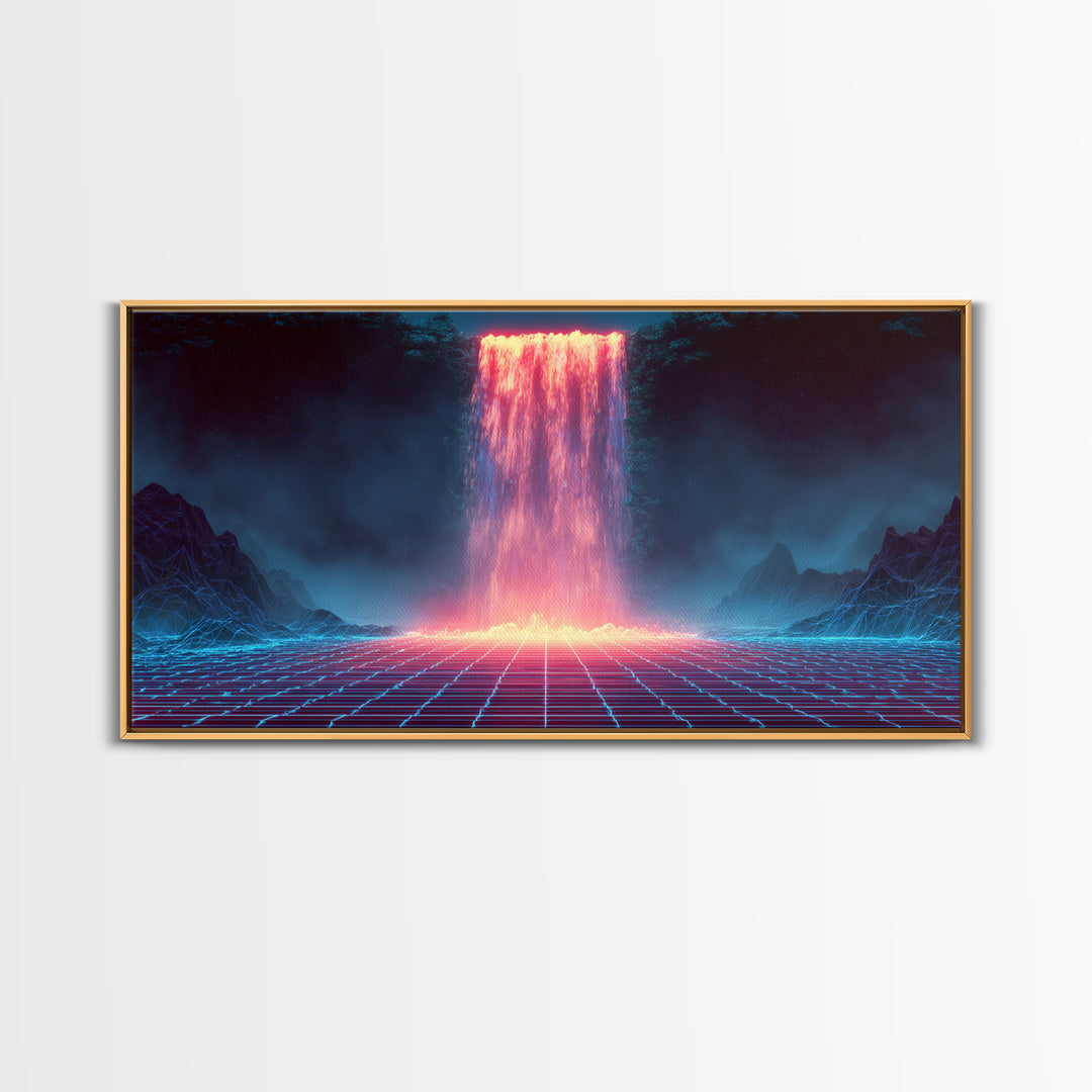 Glowing Neon Digital Waterfall With Futuristic Mountains Wall Art Framed Canvas Print Unique Modern Art Decor For Office Or Living Room