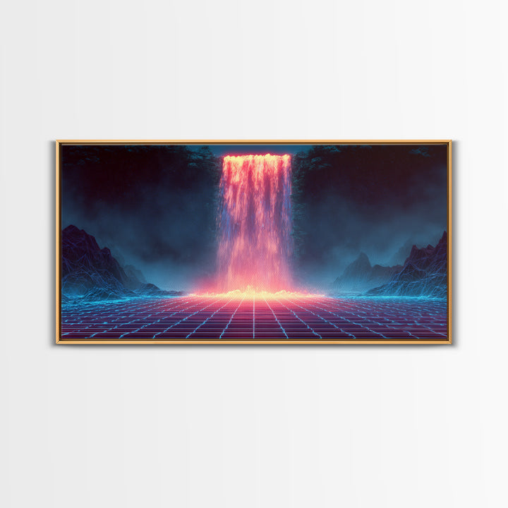 Glowing Neon Digital Waterfall With Futuristic Mountains Wall Art Framed Canvas Print Unique Modern Art Decor For Office Or Living Room