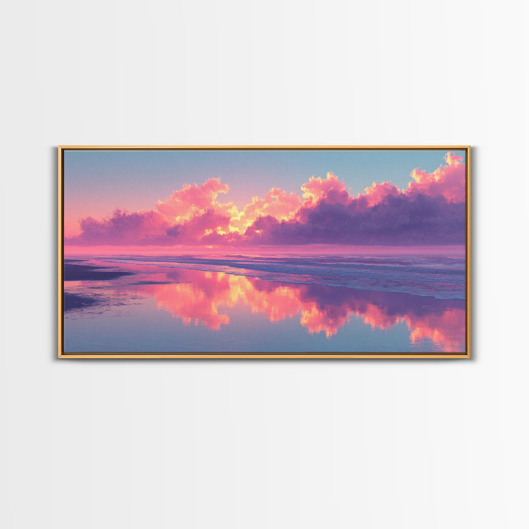 Surreal Pink Cloudy Beach Sunset Reflection Wall Art Framed Canvas Print For Living Room Home Decor Coastal Art