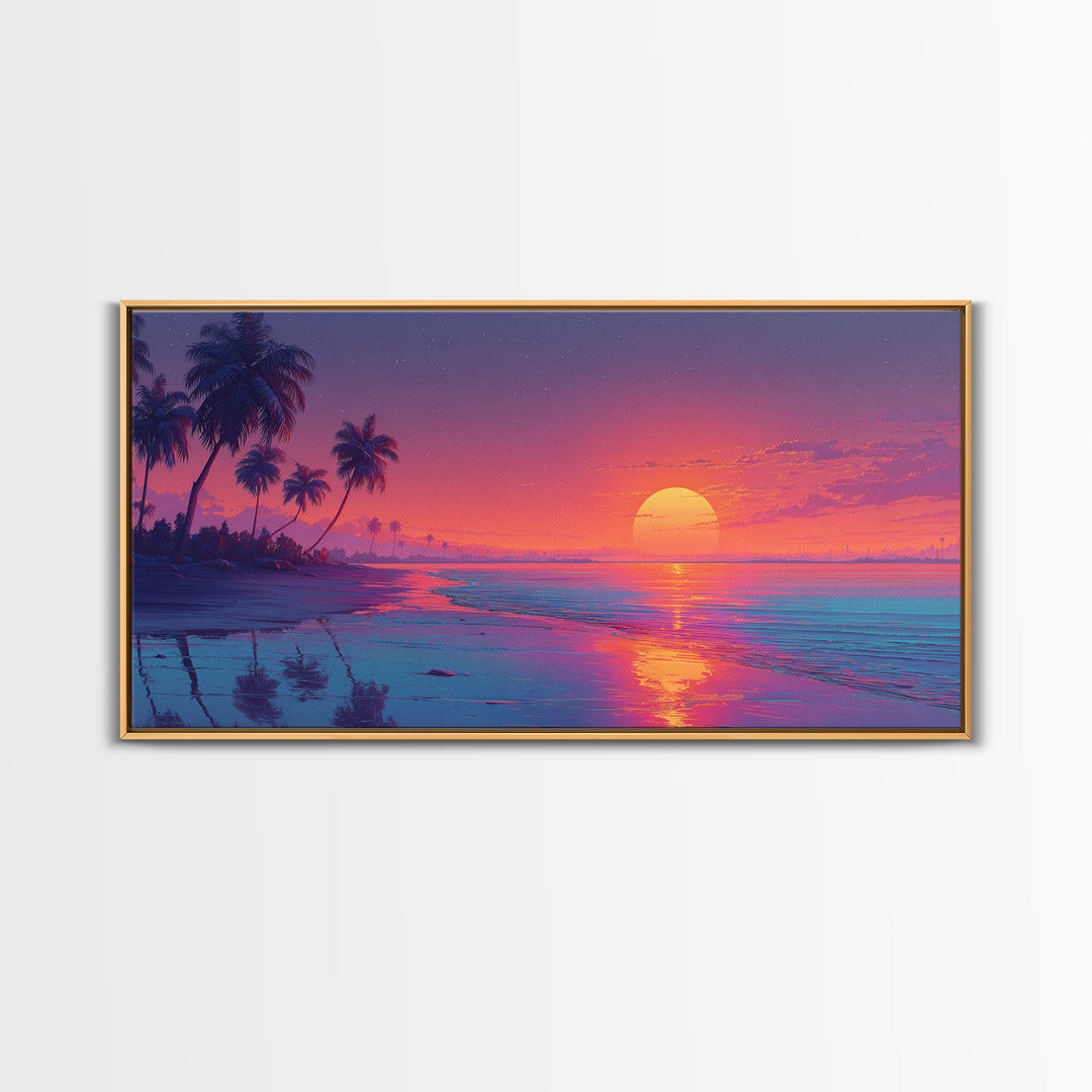 Serene Sunset Tropical Beach Landscape Digital Painting Large Wall Art For Living Room Framed Canvas