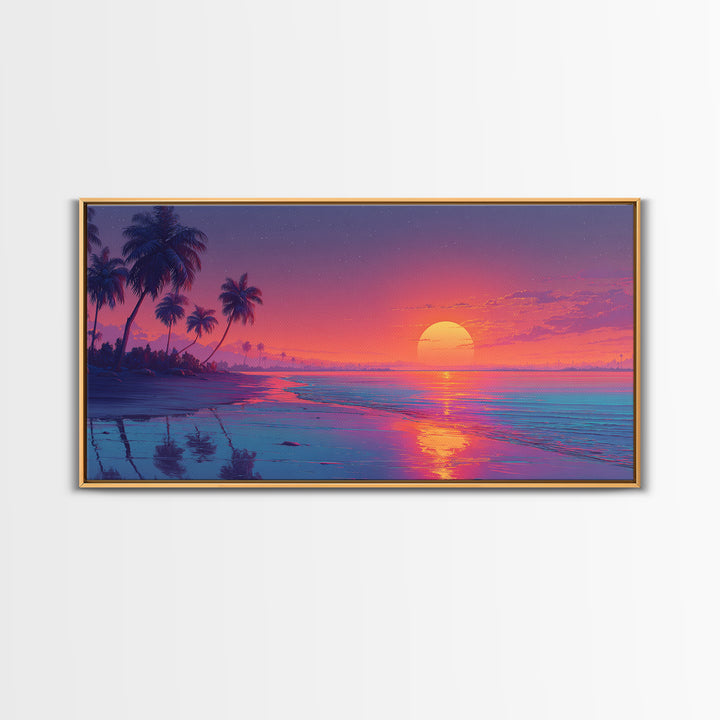 Serene Sunset Tropical Beach Landscape Digital Painting Large Wall Art For Living Room Framed Canvas