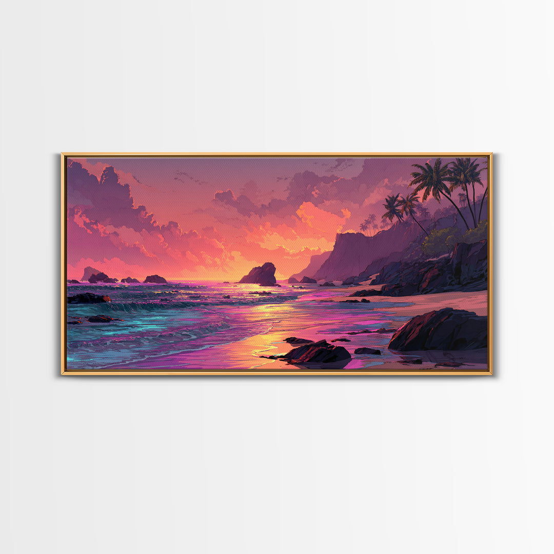 Colorful Sunset Coastal Landscape Canvas Print Vibrant Seascape Wall Art Modern Beach Home Decor