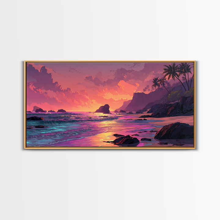 Colorful Sunset Coastal Landscape Canvas Print Vibrant Seascape Wall Art Modern Beach Home Decor