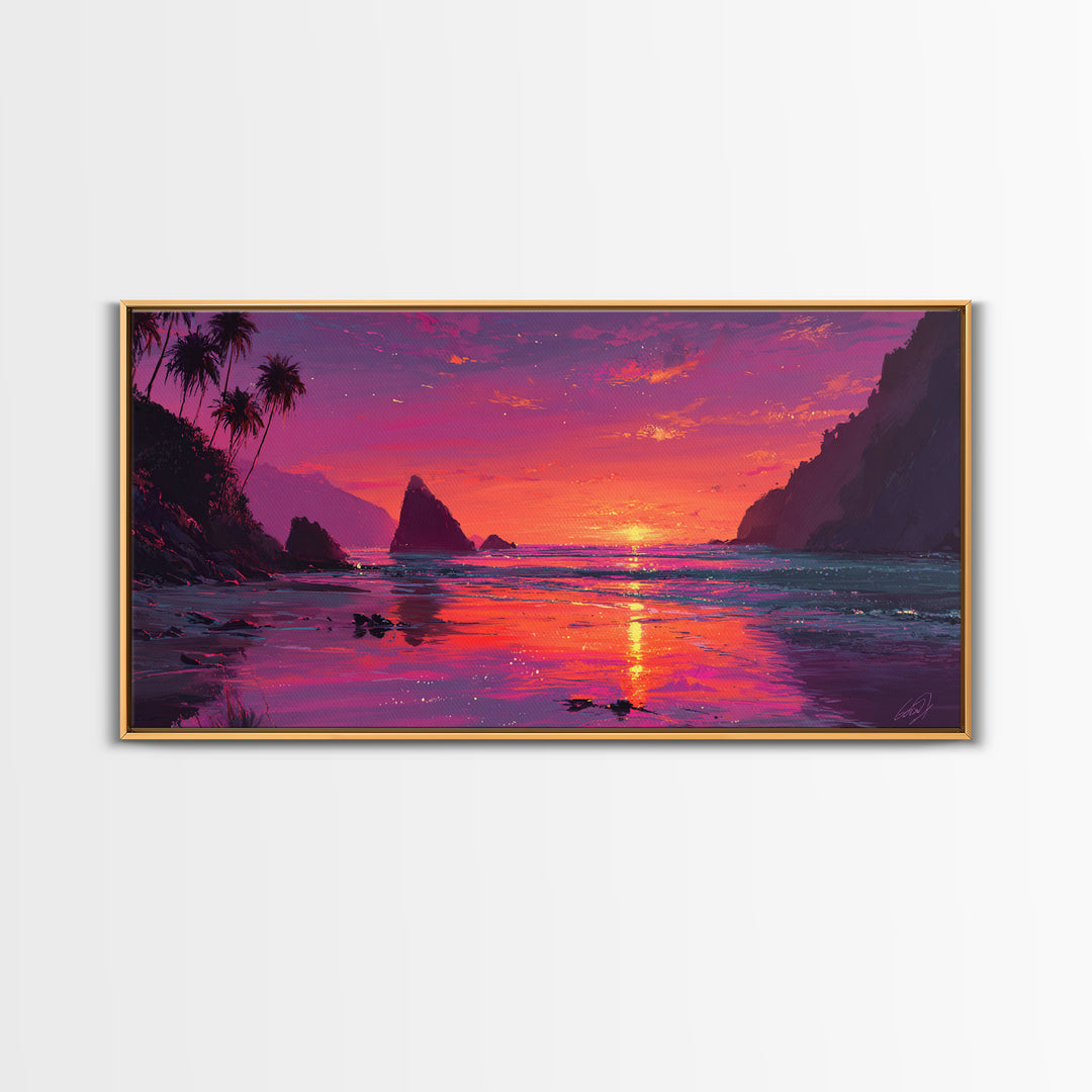 Vibrant Sunset Over Rocky Coastal Landscape Framed Canvas Print Large Wall Art For Modern Living Room And Contemporary Home Decor