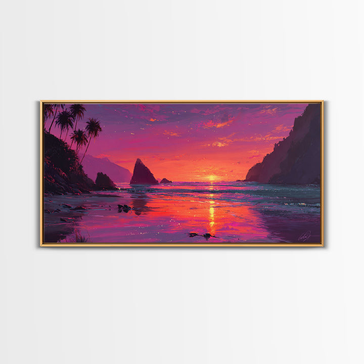 Vibrant Sunset Over Rocky Coastal Landscape Framed Canvas Print Large Wall Art For Modern Living Room And Contemporary Home Decor