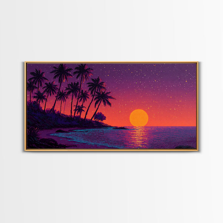 Pixel Art Vibrant Tropical Sunset Beach Scene With Palm Trees Retro Style Wall Art Framed Canvas Print For Coastal Decor