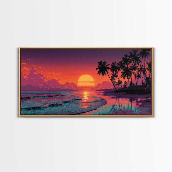 Sunset Tropical Beach Scene With Palm Trees And Calming Ocean Waves Aesthetic Wall Art For Coastal Home Decor