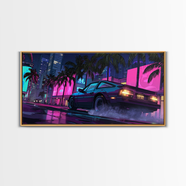 Retro Futurism DeLorean Car In Neon Cityscape Night Urban Wall Art Modern Canvas Print For Office Decor