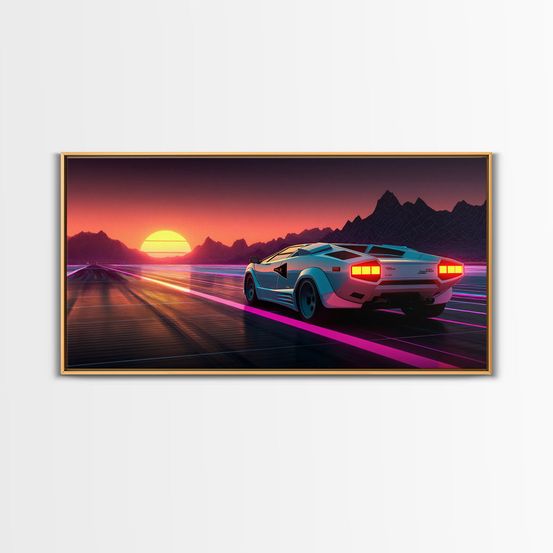 Retro Futuristic Sunset With Sports Car Driving Down Neon Highway Wall Art Print Modern Home Decor Canvas