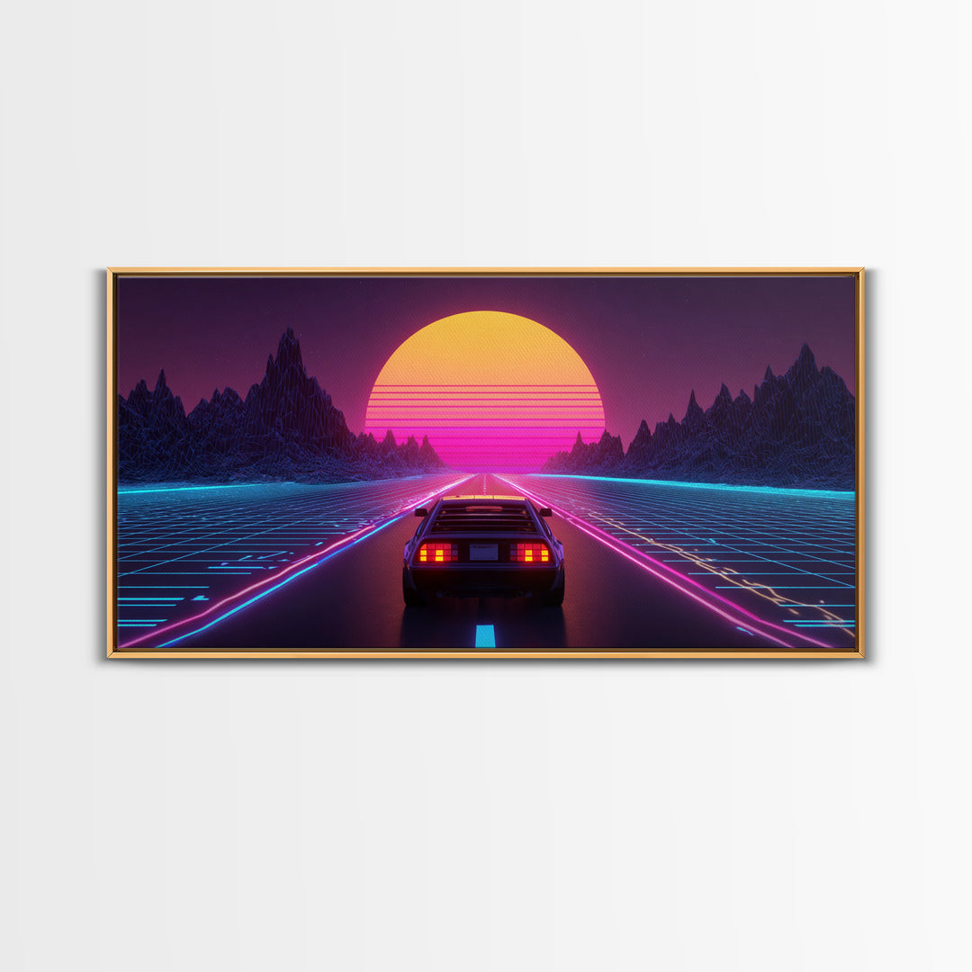 Retro Futuristic DeLorean Car Driving Toward Neon Digital Sun Synthwave Landscape Canvas Print Modern Wall Art For Office Decor