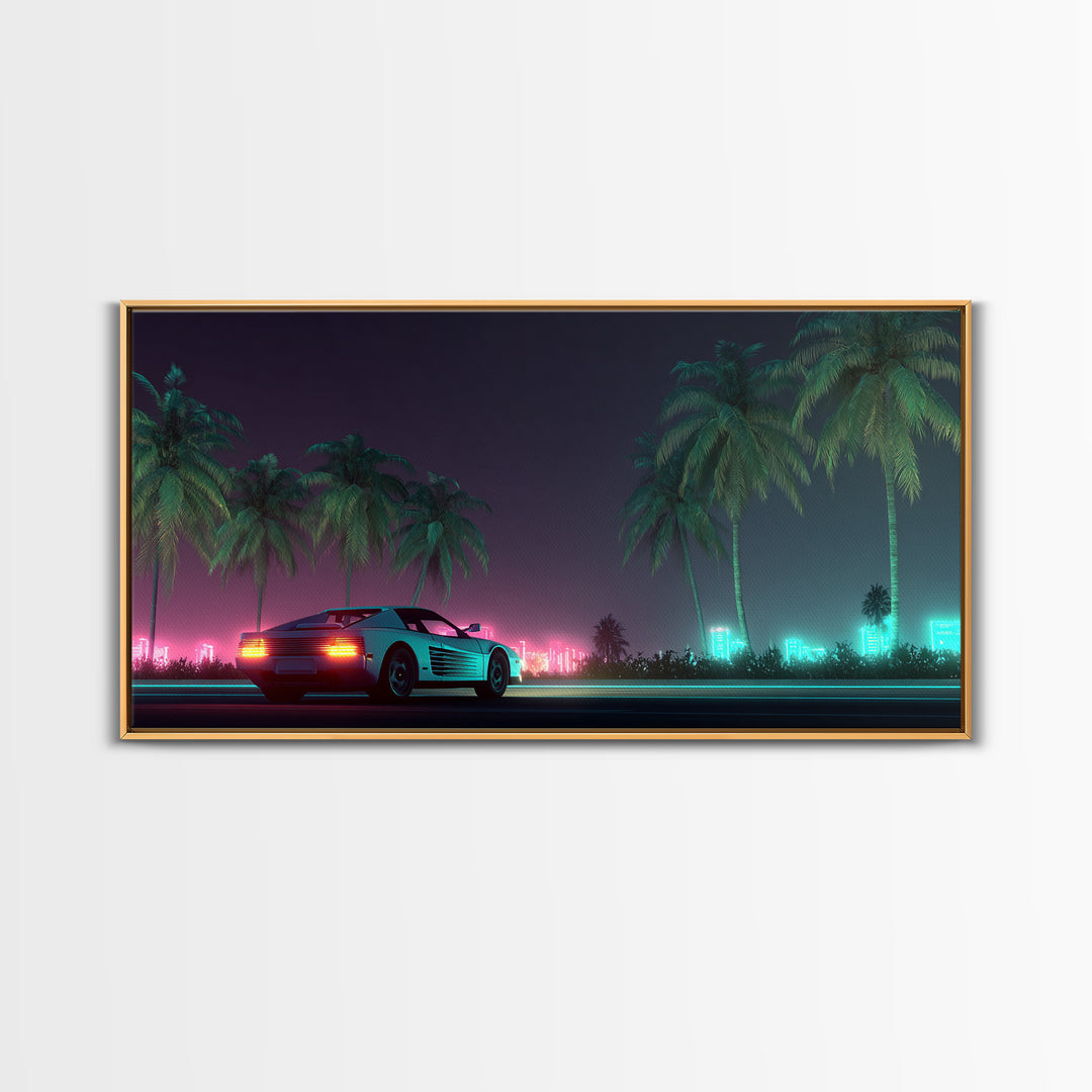 Retro Futuristic Car Neon Night Scene With Palm Trees And City Lights Canvas Print Modern Wall Art For Living Room Decor