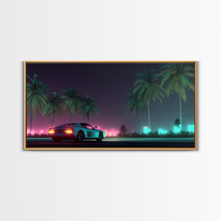 Retro Futuristic Car Neon Night Scene With Palm Trees And City Lights Canvas Print Modern Wall Art For Living Room Decor