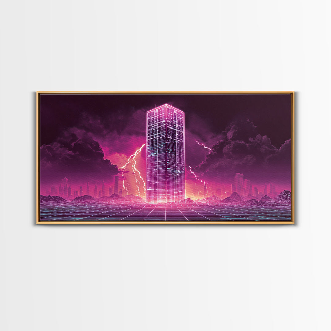 Vibrant Cyberpunk Neon Cityscape With Lightning Night Sky Retro Futuristic Wall Art High Quality Canvas Print