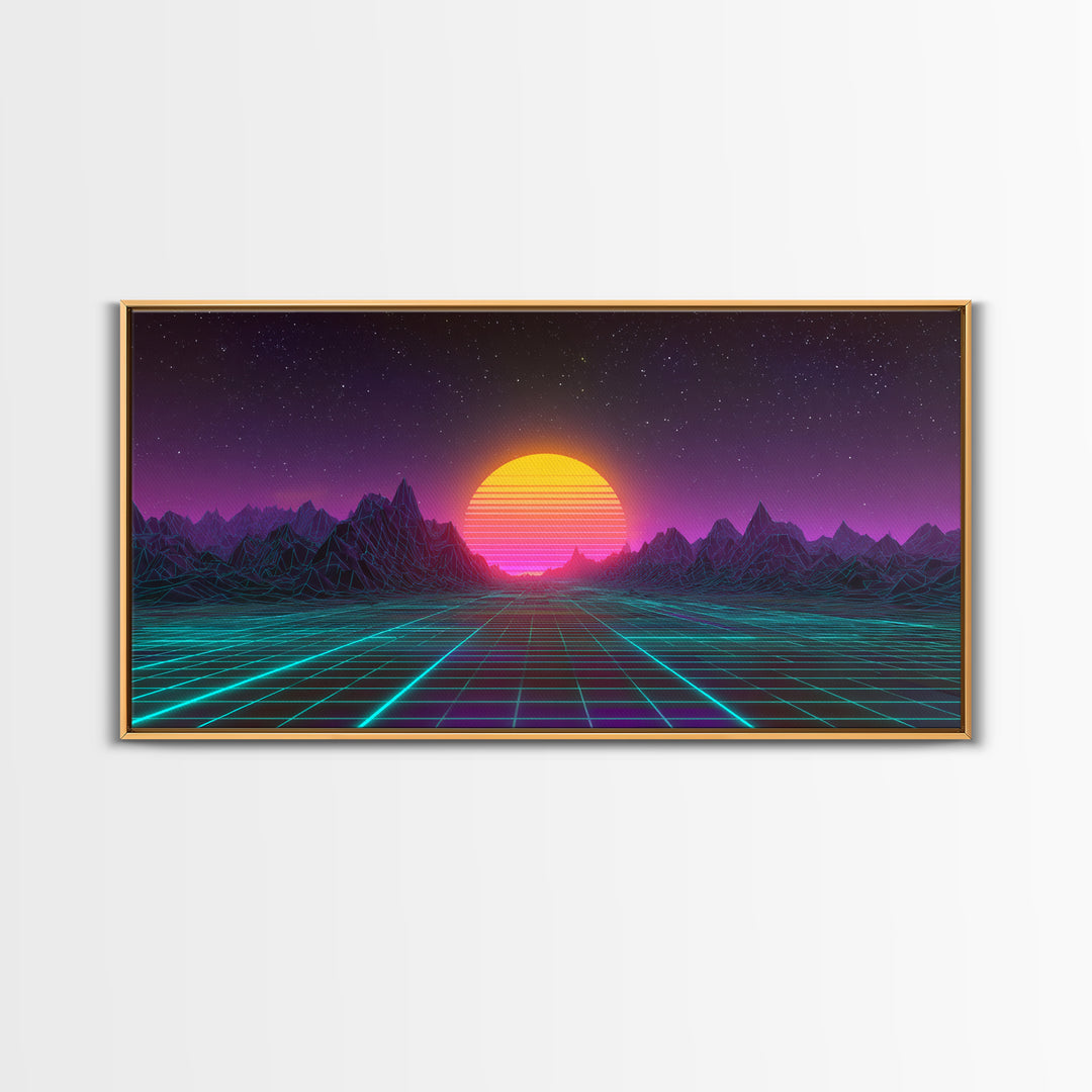Retro Futuristic Neon Sunrise Over Wireframe Mountain Landscape Digital Artwork Canvas Print Wall Art for Modern Room Decor