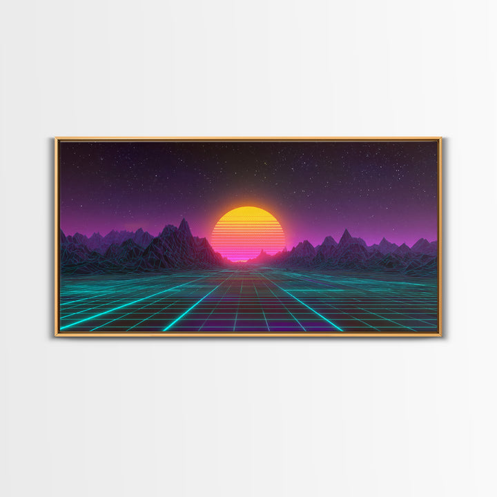 Retro Futuristic Neon Sunrise Over Wireframe Mountain Landscape Digital Artwork Canvas Print Wall Art for Modern Room Decor
