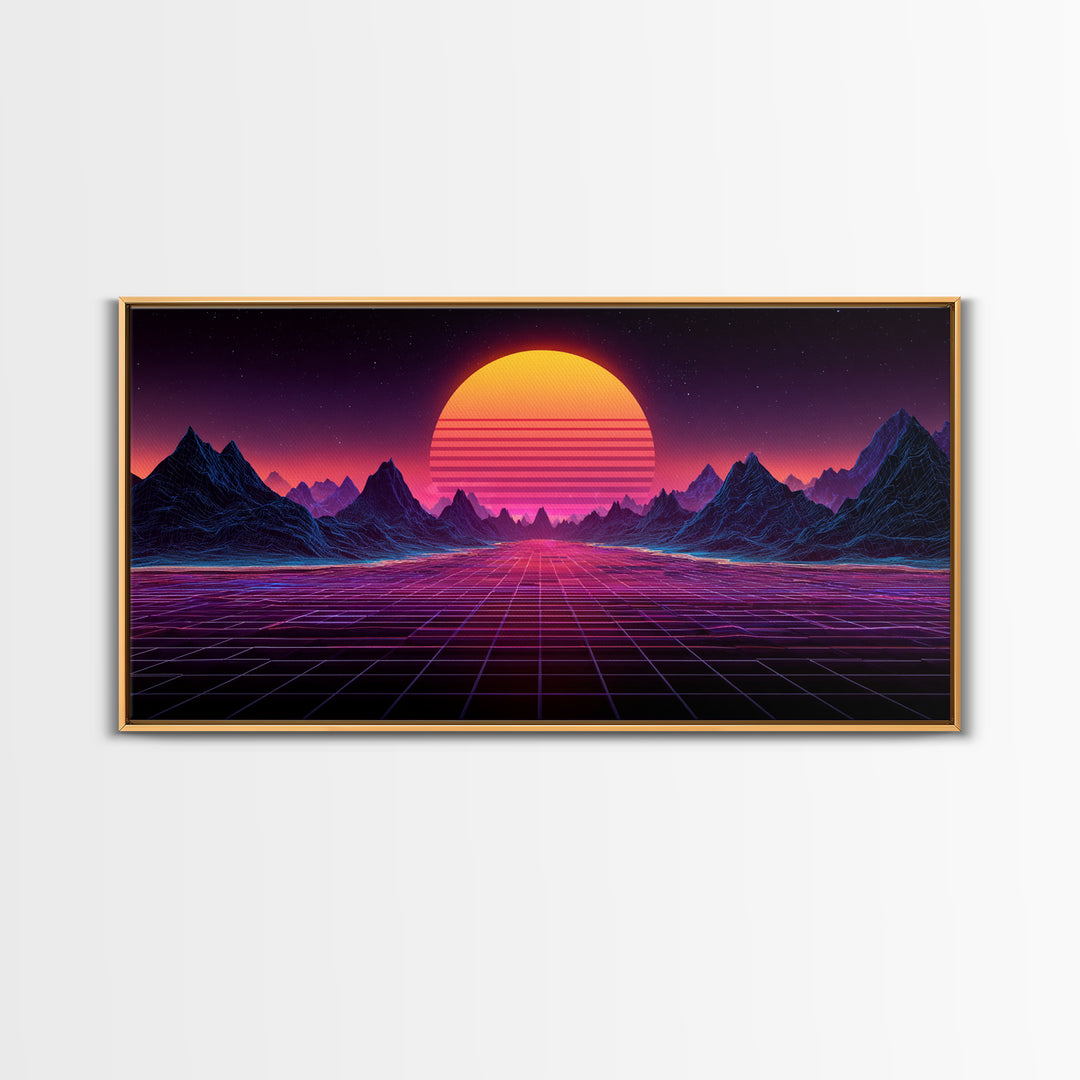 Retro Futuristic Synthwave Landscape With Neon Sun Canvas Print Wall Art For Modern Aesthetic Decor