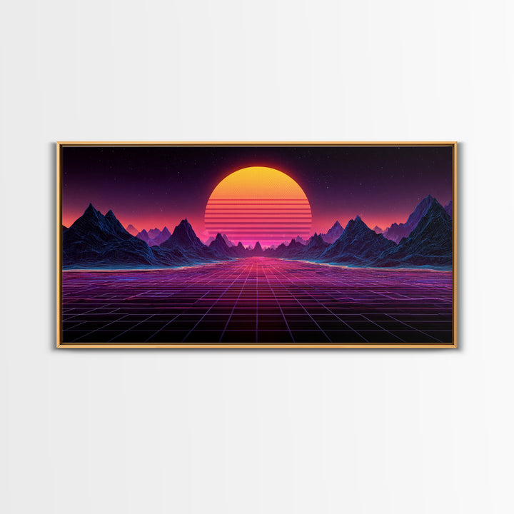 Retro Futuristic Synthwave Landscape With Neon Sun Canvas Print Wall Art For Modern Aesthetic Decor