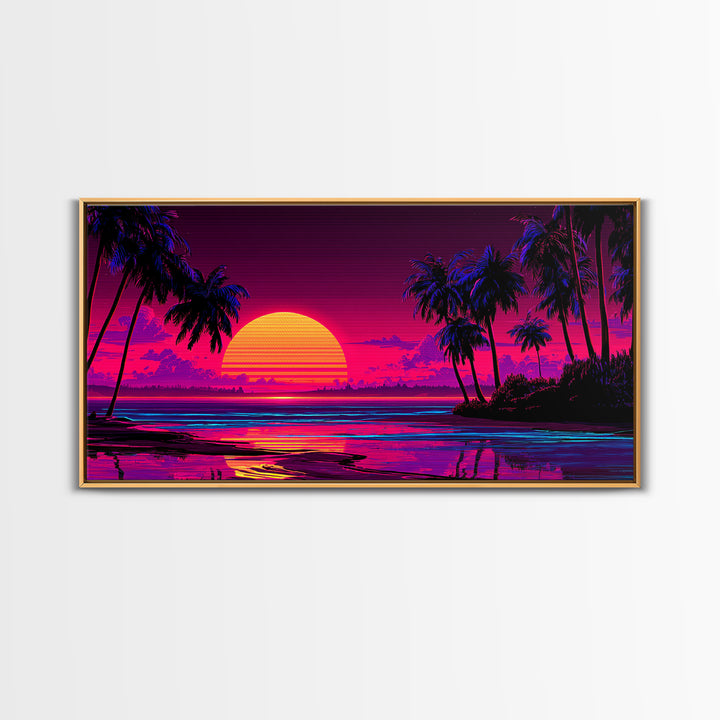 80s Retro Sunset Over Tropical Beach With Palm Trees Vibrant Neon Colors Canvas Print Framed Wall Art Large Wall Art For Living Room