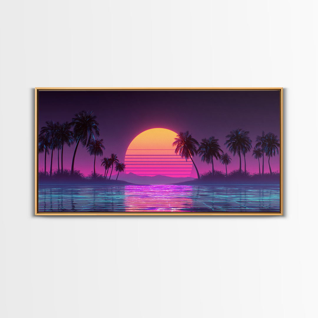 Retro Sunset Beach Scene With Palm Trees And Reflective Water Canvas Print Vibrant Coastal Wall Art