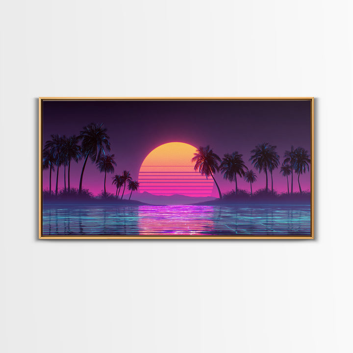 Retro Sunset Beach Scene With Palm Trees And Reflective Water Canvas Print Vibrant Coastal Wall Art