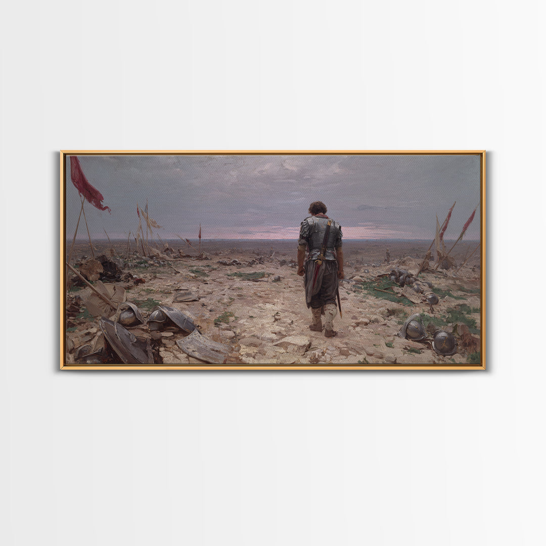 Lone Knight Walking Through Battlefield Wall Art, Medieval Landscape Canvas Print, Dark Academia Office Decor, Gift For Him