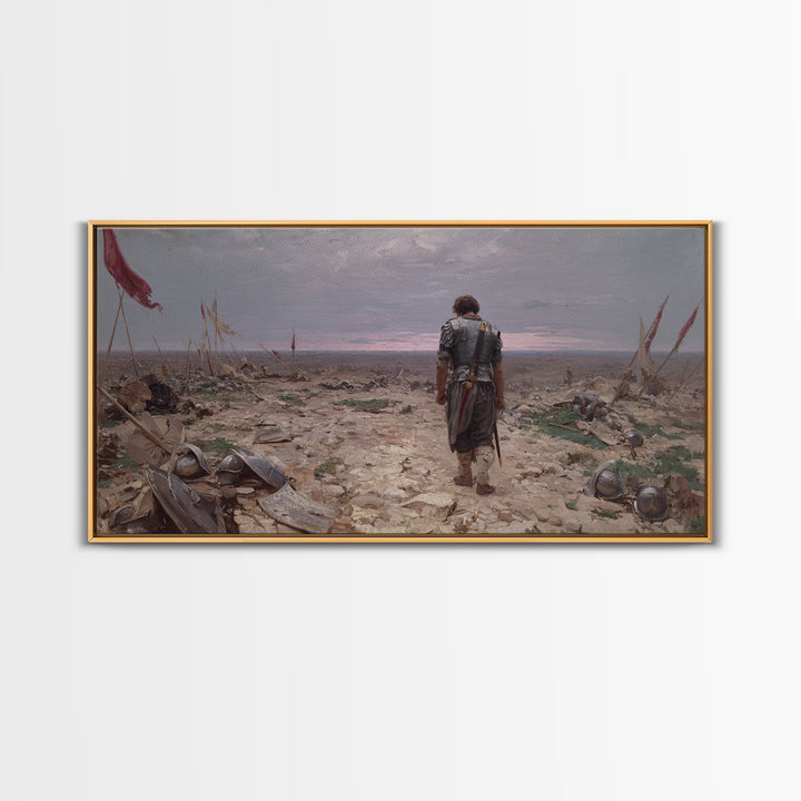 Lone Knight Walking Through Battlefield Wall Art, Medieval Landscape Canvas Print, Dark Academia Office Decor, Gift For Him