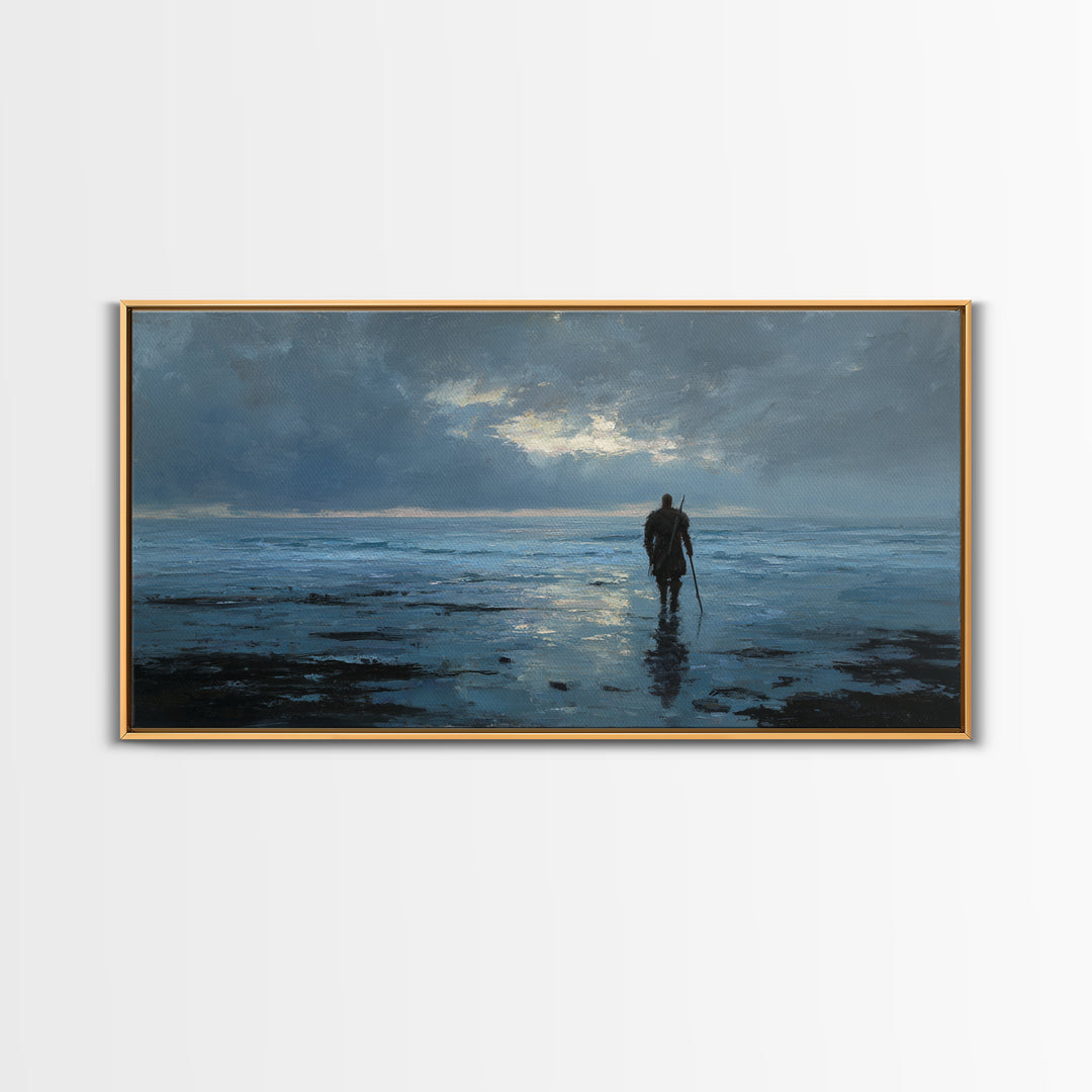 Lone Warrior Wading Through Blue Seascape Wall Art, Moody Ocean Canvas Print For Bedroom Decor And Masculine Office Decor