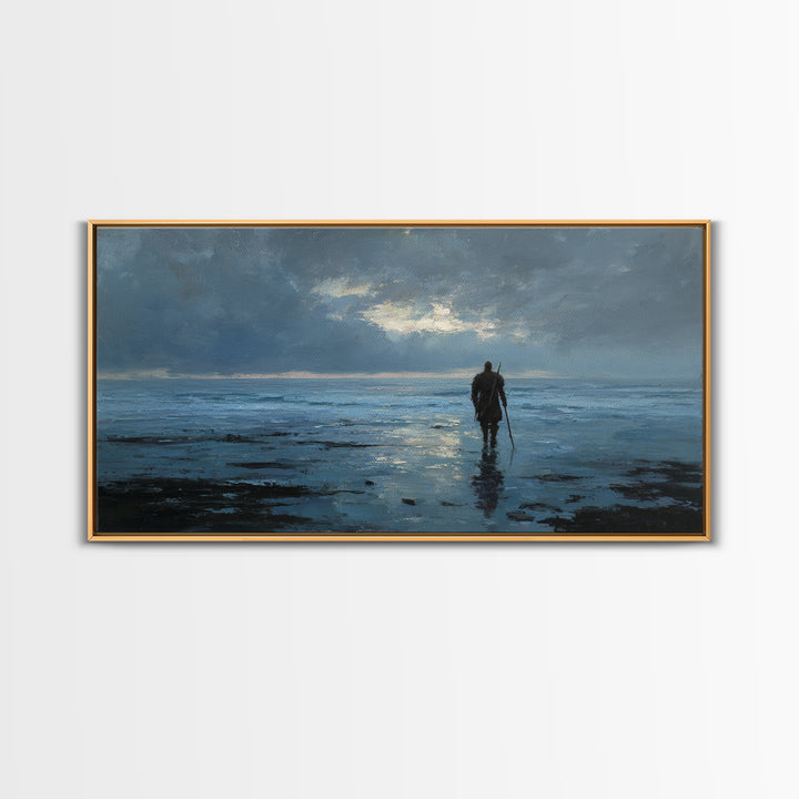 Lone Warrior Wading Through Blue Seascape Wall Art, Moody Ocean Canvas Print For Bedroom Decor And Masculine Office Decor