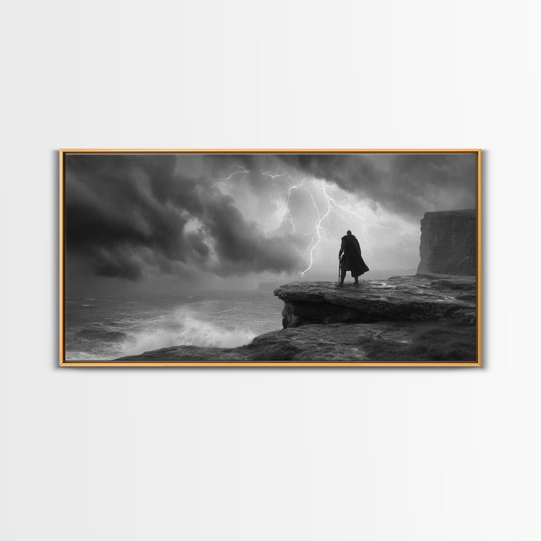 Dark Warrior On Stormy Sea Cliff Wall Art, Black And White Art, Gothic Wall Art, Moody Seascape, Masculine Office Decor