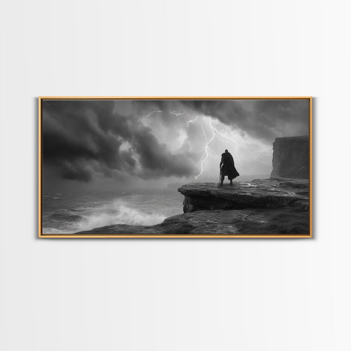 Dark Warrior On Stormy Sea Cliff Wall Art, Black And White Art, Gothic Wall Art, Moody Seascape, Masculine Office Decor