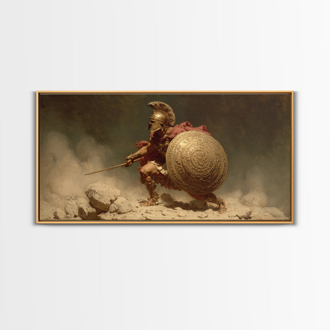 Golden Spartan Warrior With Round Shield Canvas Print, Ancient Greek Wall Art, Mythological Battle Decor For Masculine Office