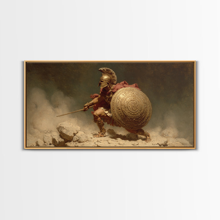Golden Spartan Warrior With Round Shield Canvas Print, Ancient Greek Wall Art, Mythological Battle Decor For Masculine Office