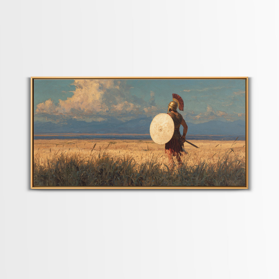 Spartan Warrior In Golden Field Framed Canvas Print, Ancient Greek Landscape Wall Decor, Historical Wall Art For Home Decor