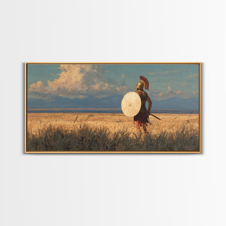 Spartan Warrior In Golden Field Framed Canvas Print, Ancient Greek Landscape Wall Decor, Historical Wall Art For Home Decor